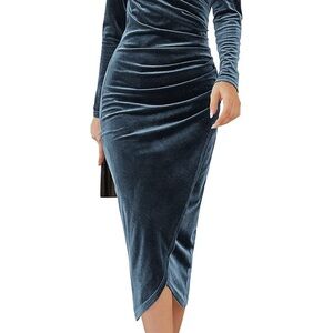 Elegant Velvet Long Sleeve Dress - Blue